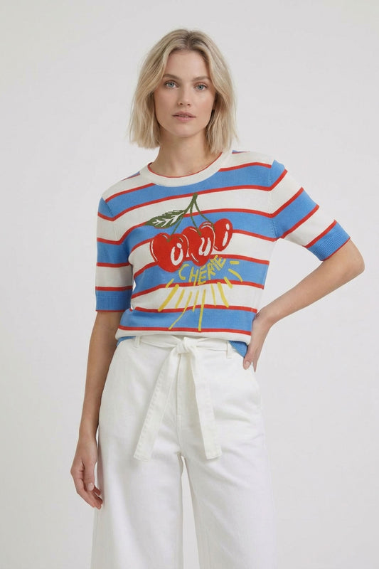 Oui Light Blue/Red Stripe Cherie SS Jumper