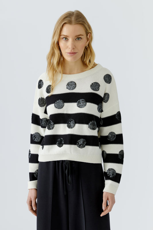 Oui White/Black Stripe Jumper with Sequin Spots