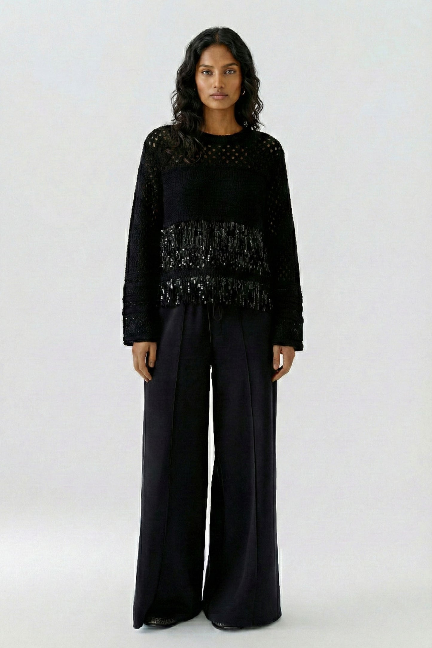 Oui Black Cotton Fringed Jumper