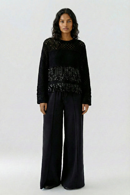 Oui Black Cotton Fringed Jumper