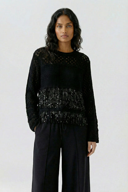Oui Black Cotton Fringed Jumper