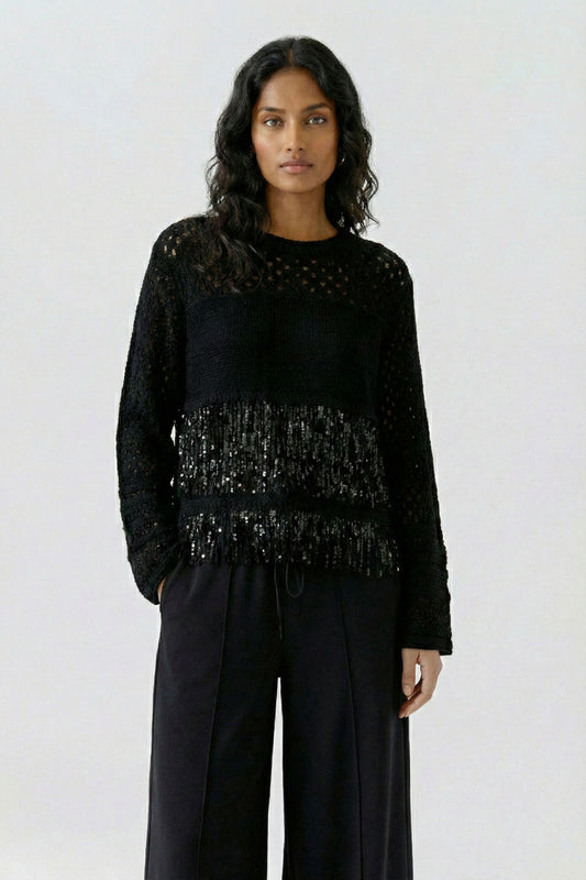 Oui Black Cotton Fringed Jumper
