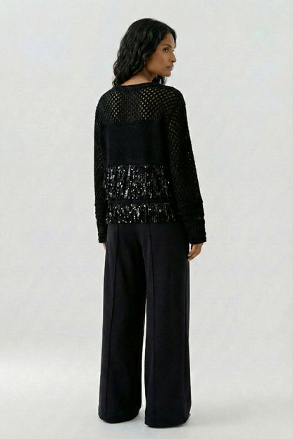 Oui Black Cotton Fringed Jumper