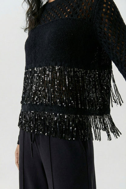 Oui Black Cotton Fringed Jumper