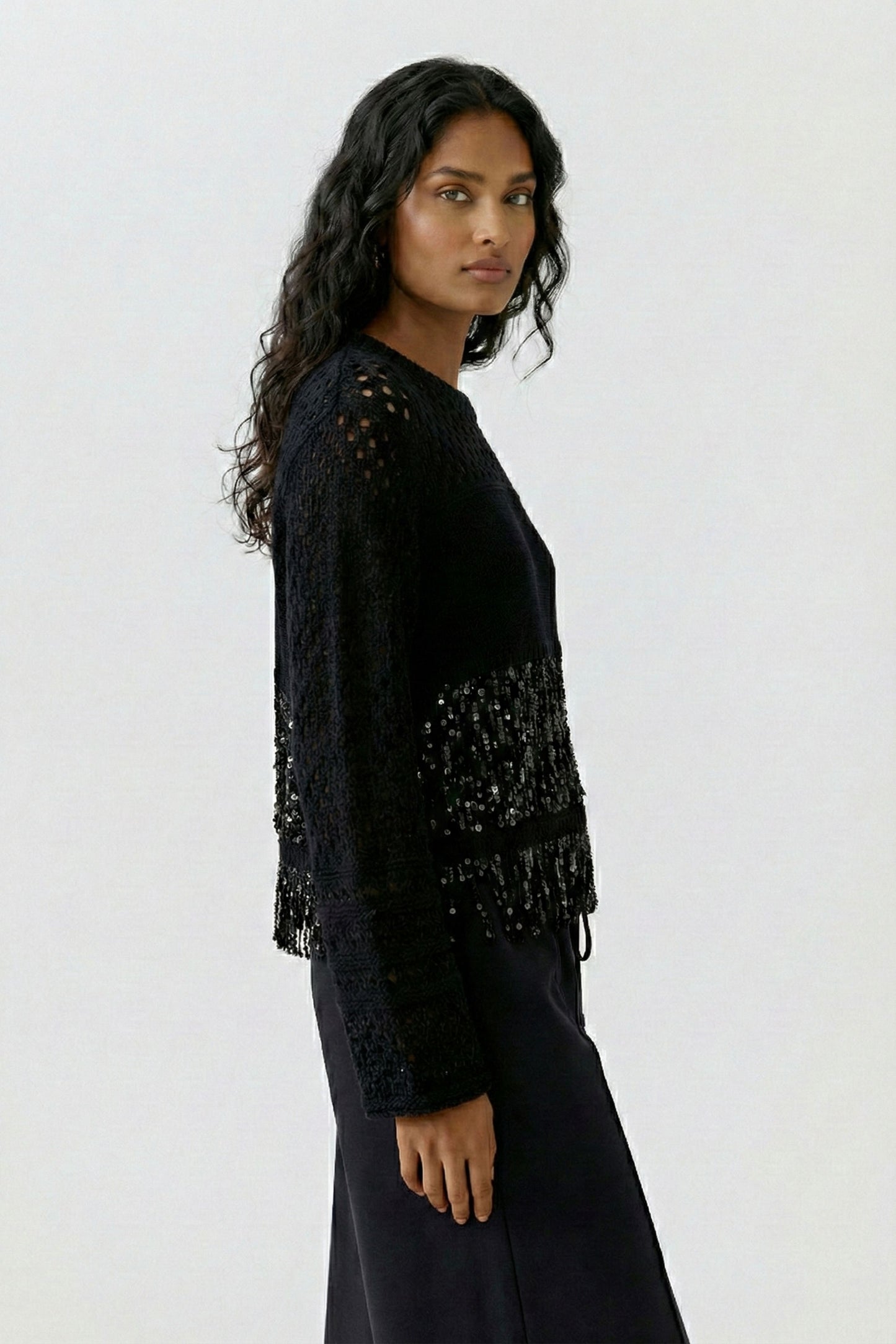 Oui Black Cotton Fringed Jumper