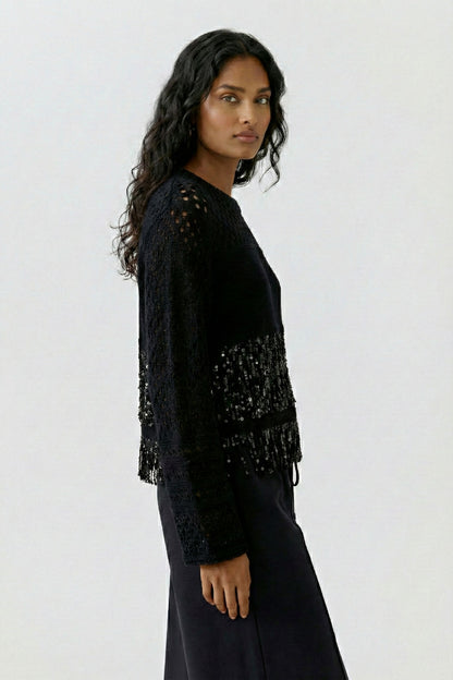 Oui Black Cotton Fringed Jumper