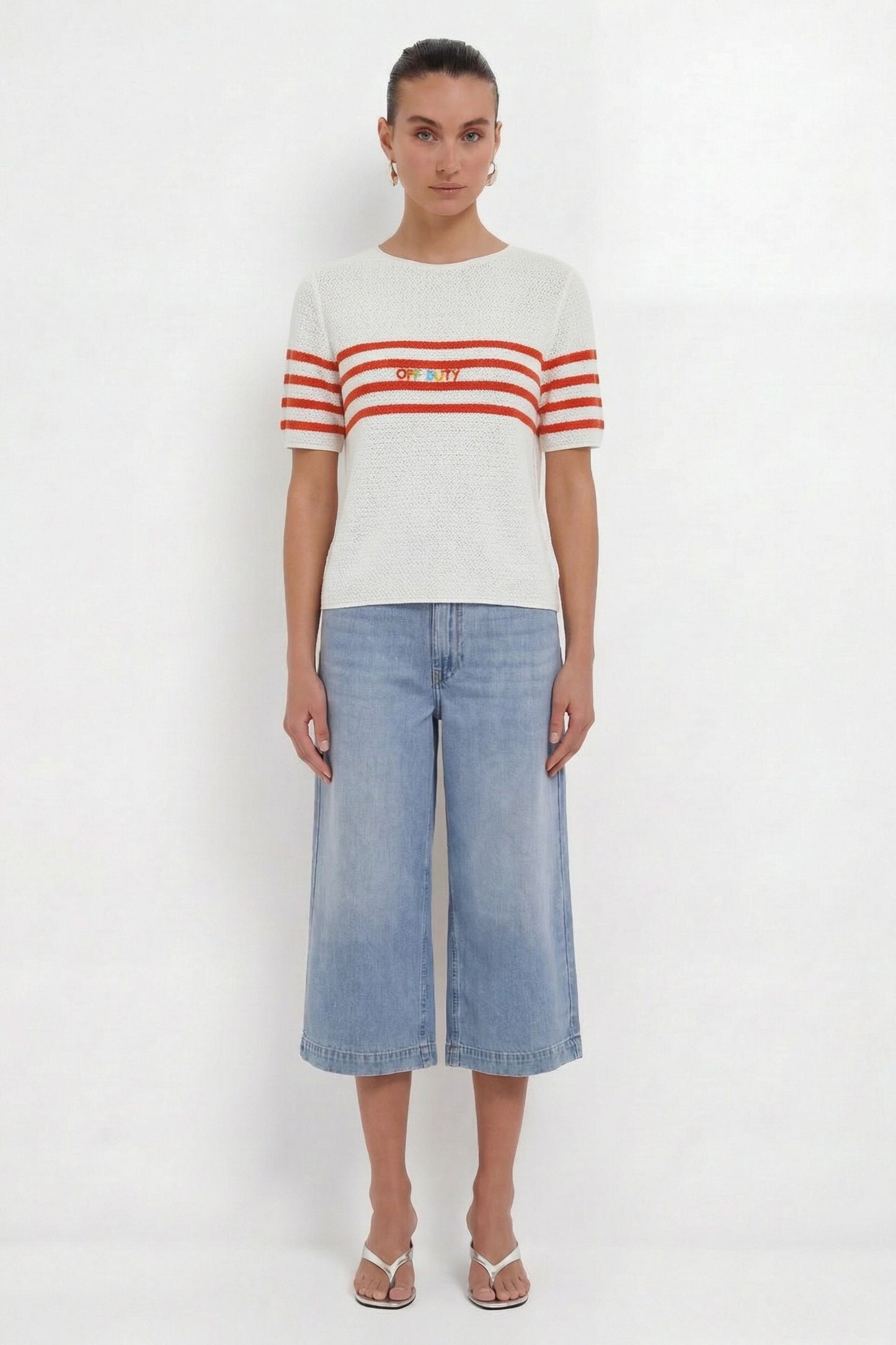 Oui White/Red Stripe Off Duty SS Jumper