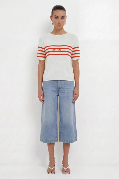 Oui White/Red Stripe Off Duty SS Jumper