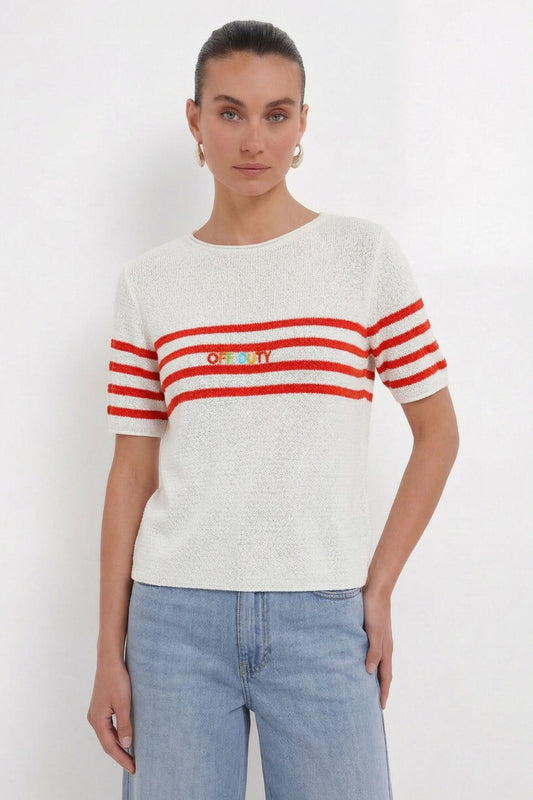 Oui White/Red Stripe Off Duty SS Jumper