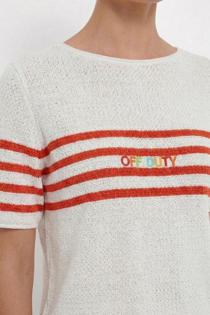 Oui White/Red Stripe Off Duty SS Jumper
