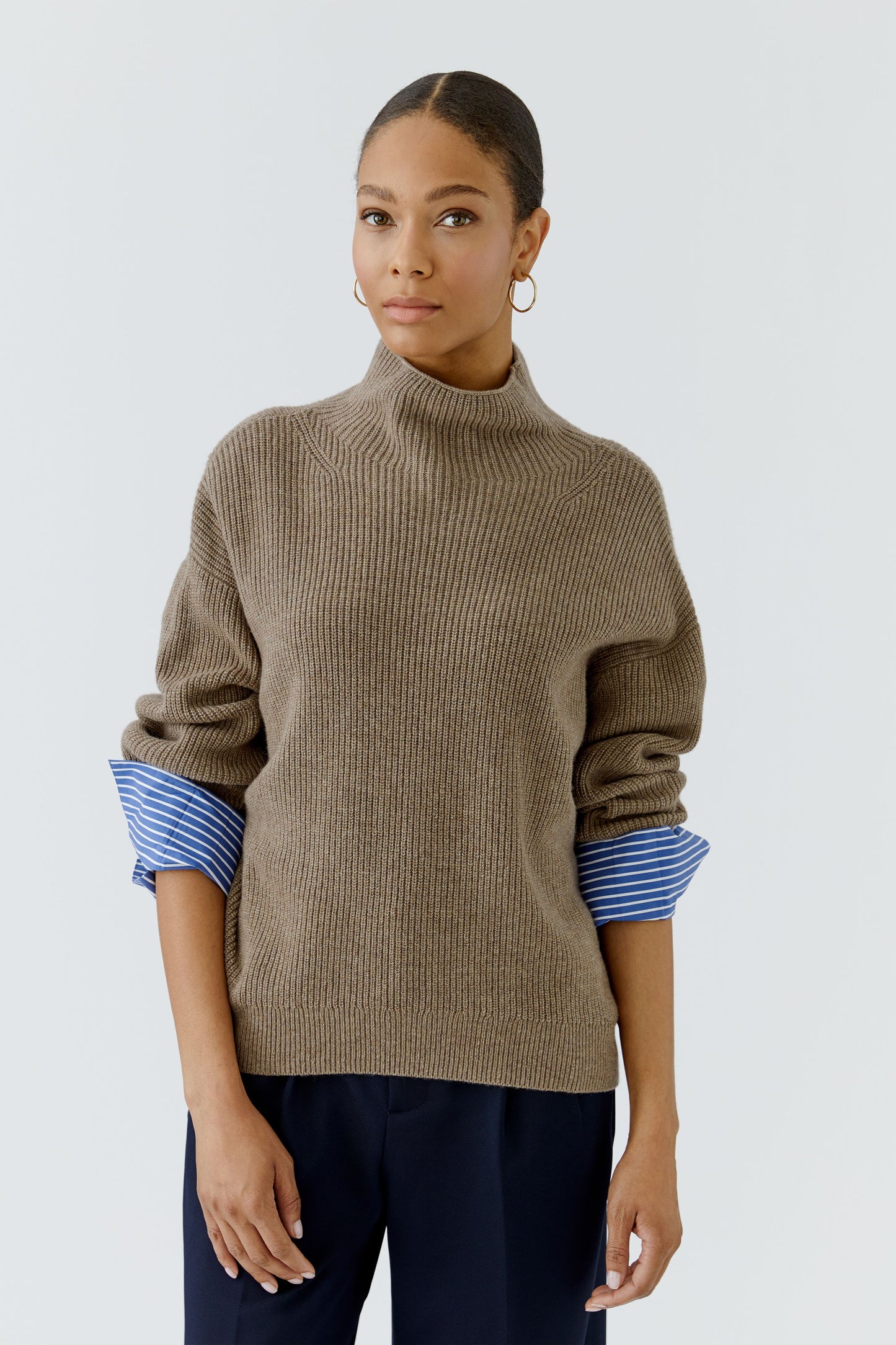 Oui Taupe Melange Blouse Cuff Jumper