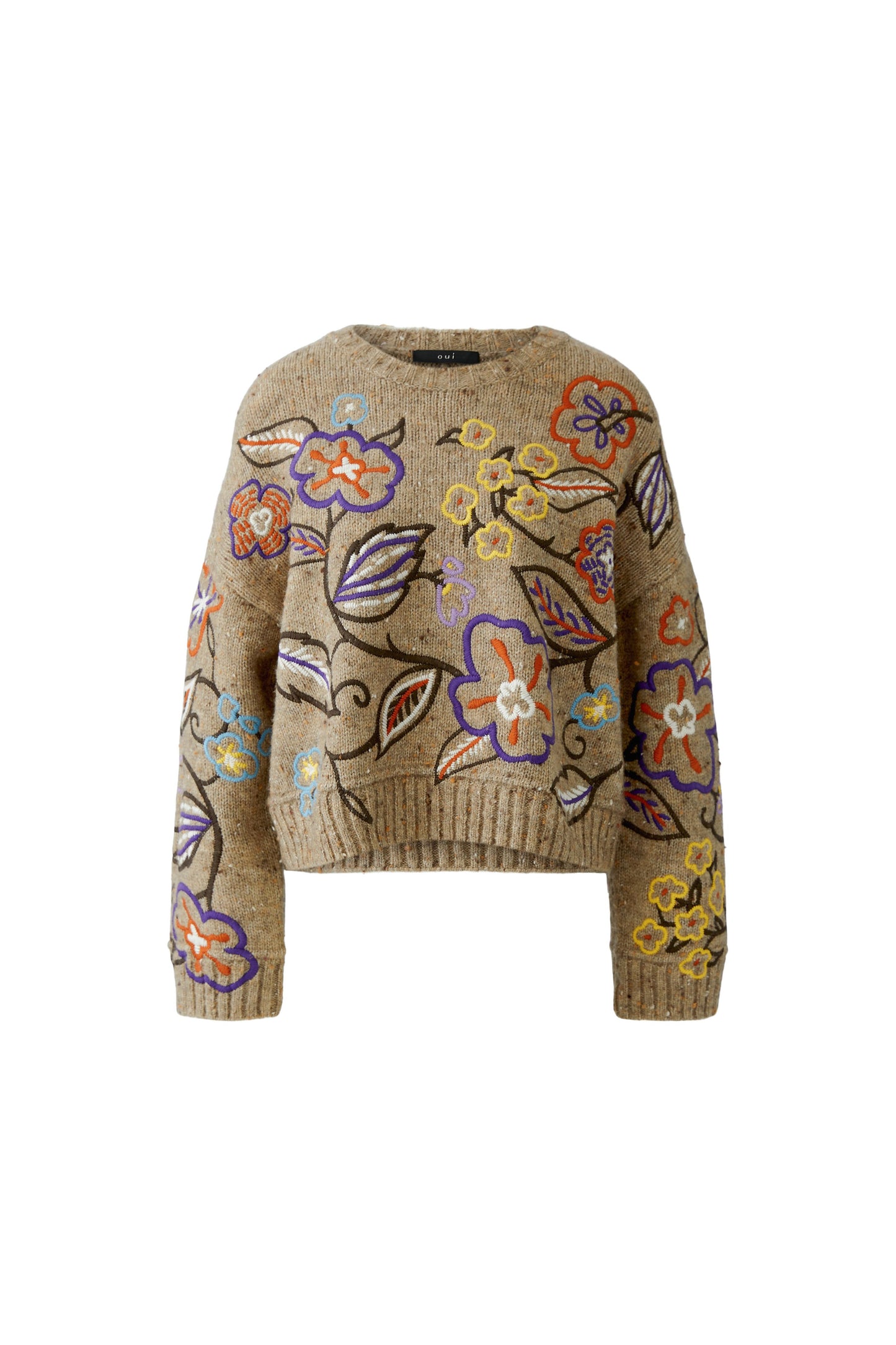 Oui Camel/Violet Floral Embroidery Jumper