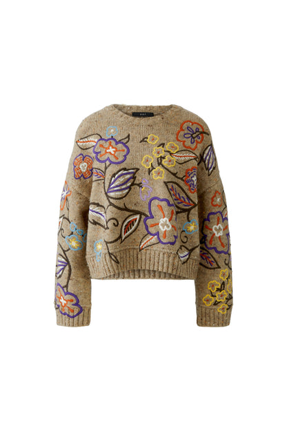 Oui Camel/Violet Floral Embroidery Jumper