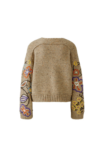 Oui Camel/Violet Floral Embroidery Jumper