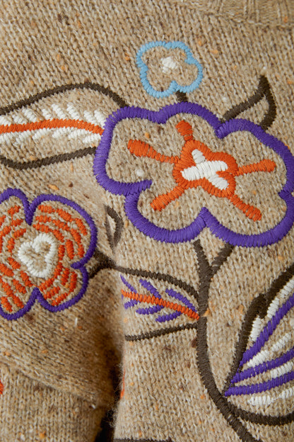 Oui Camel/Violet Floral Embroidery Jumper