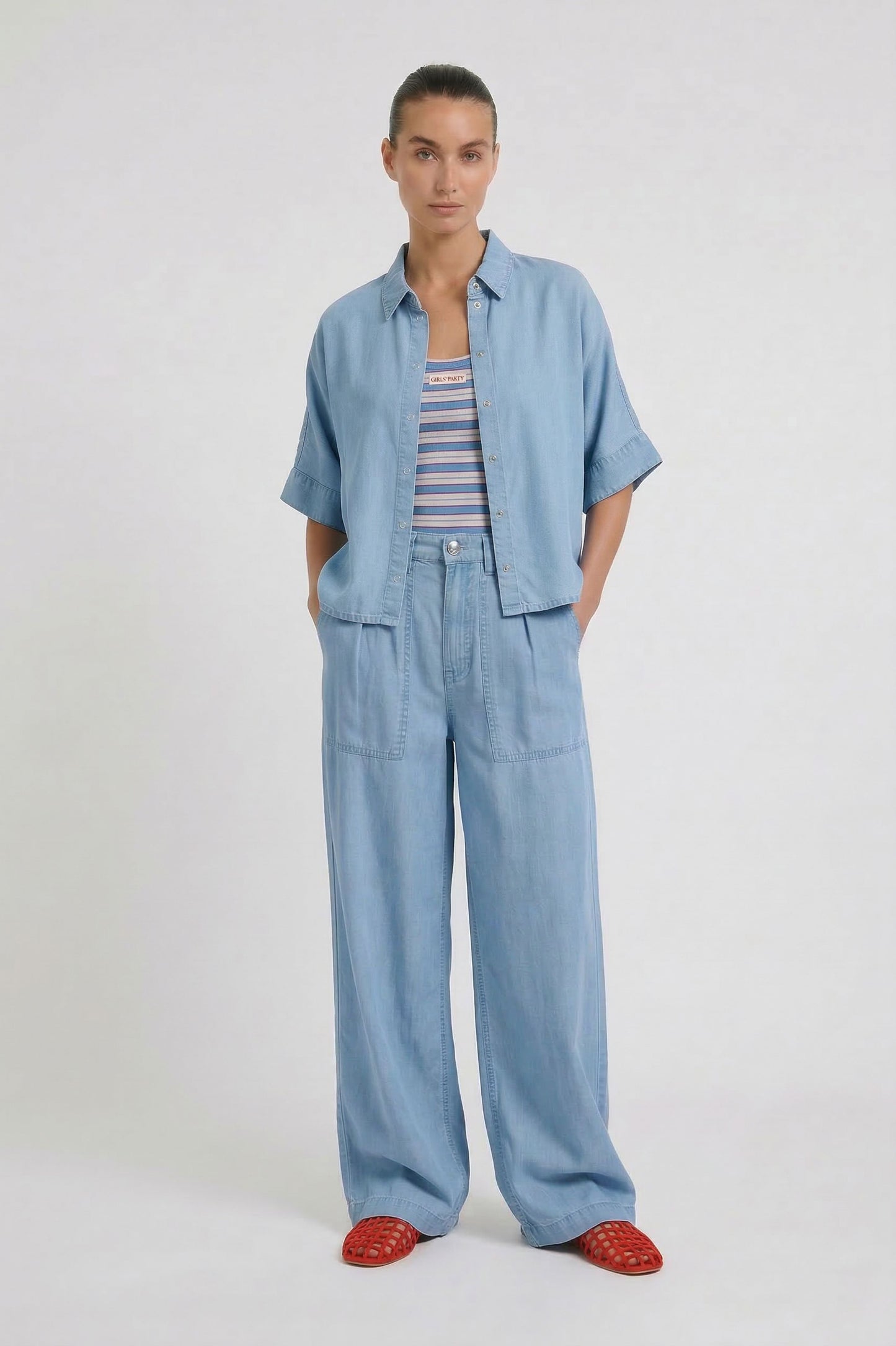 Oui Light Blue Denim SS Blouse