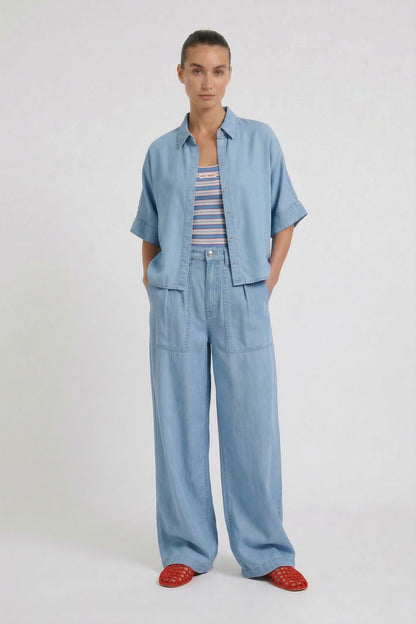 Oui Light Blue Denim SS Blouse