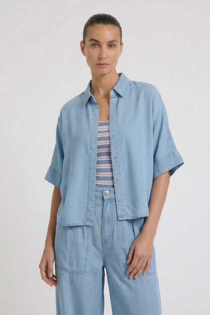 Oui Light Blue Denim SS Blouse