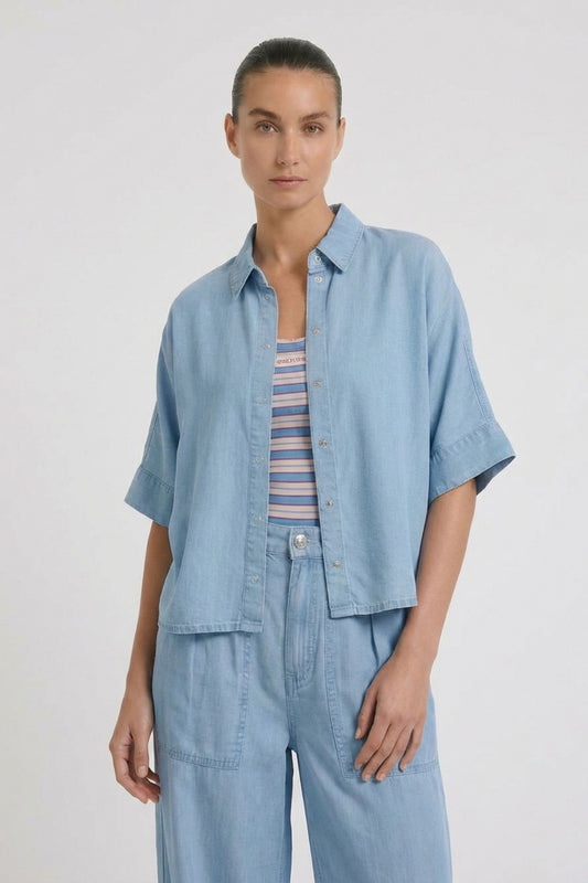 Oui Light Blue Denim SS Blouse