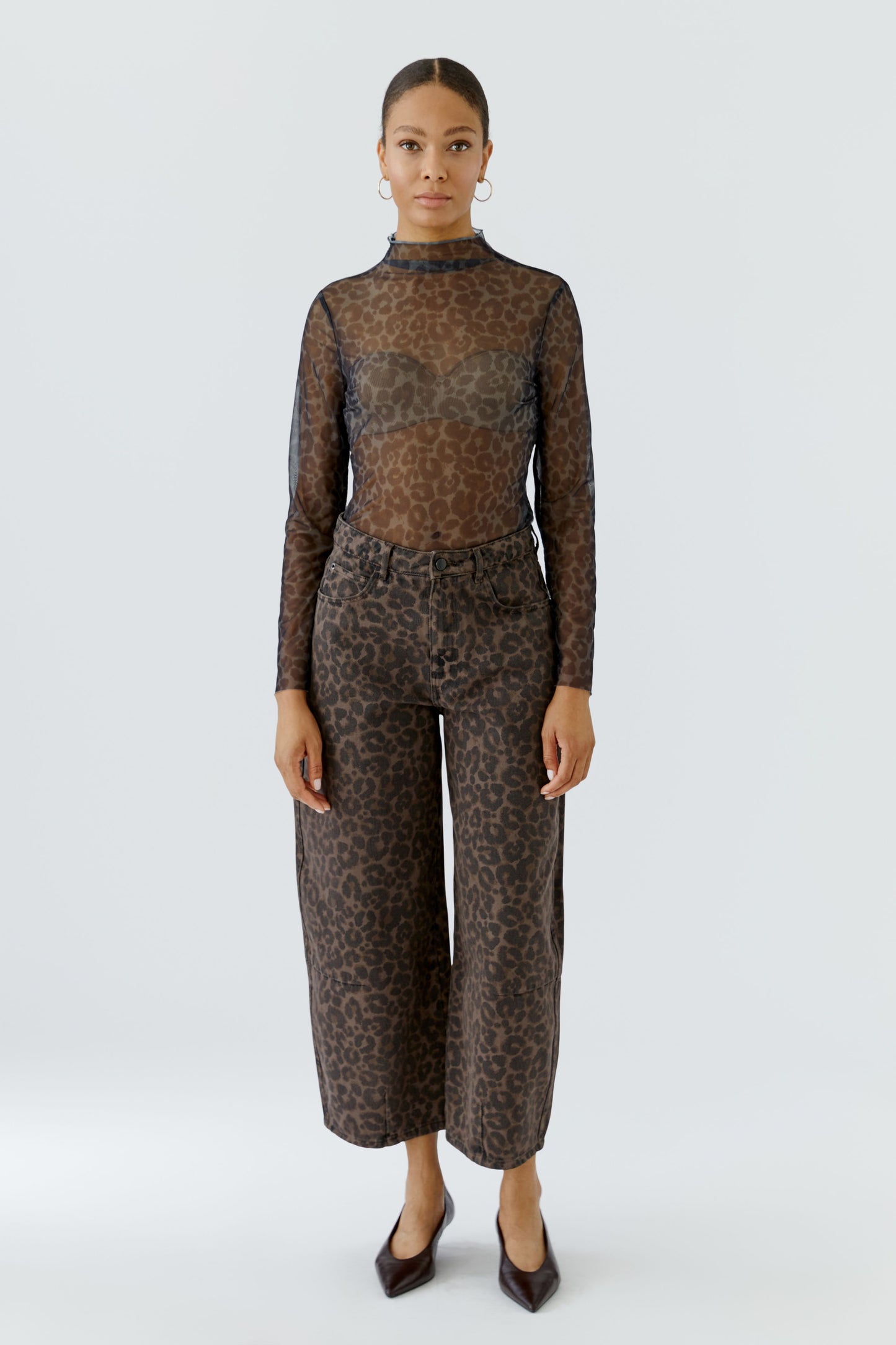Oui Dark Brown/Grey/Black Leopard Mesh Top