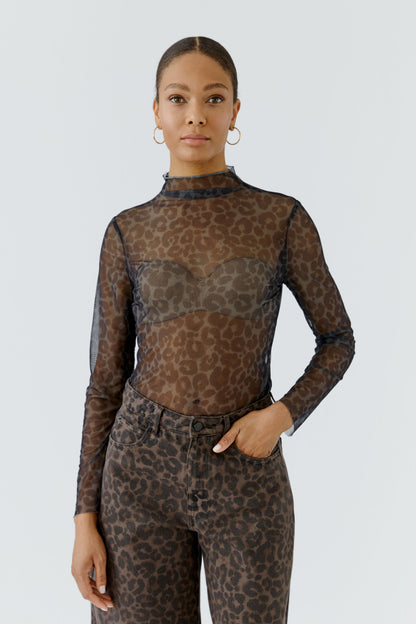 Oui Dark Brown/Grey/Black Leopard Mesh Top