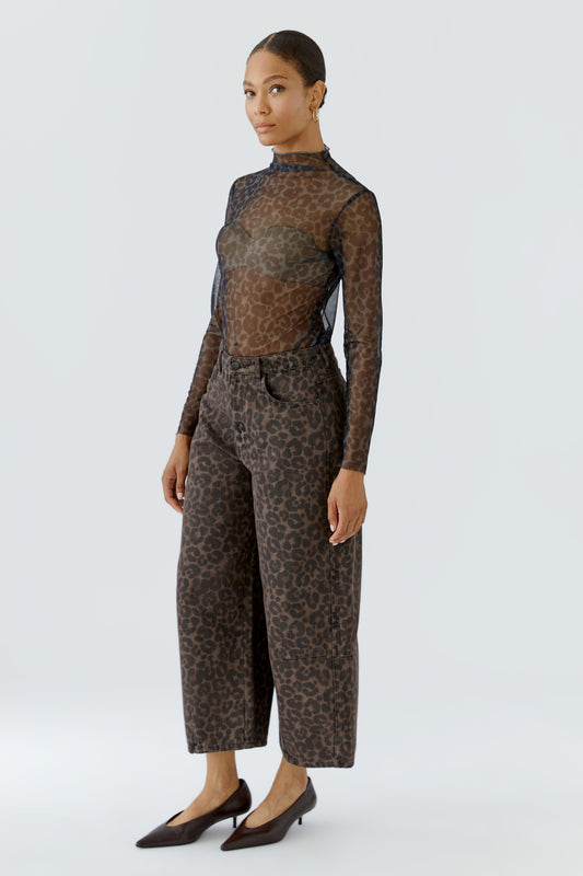 Oui Dark Brown/Grey/Black Leopard Mesh Top
