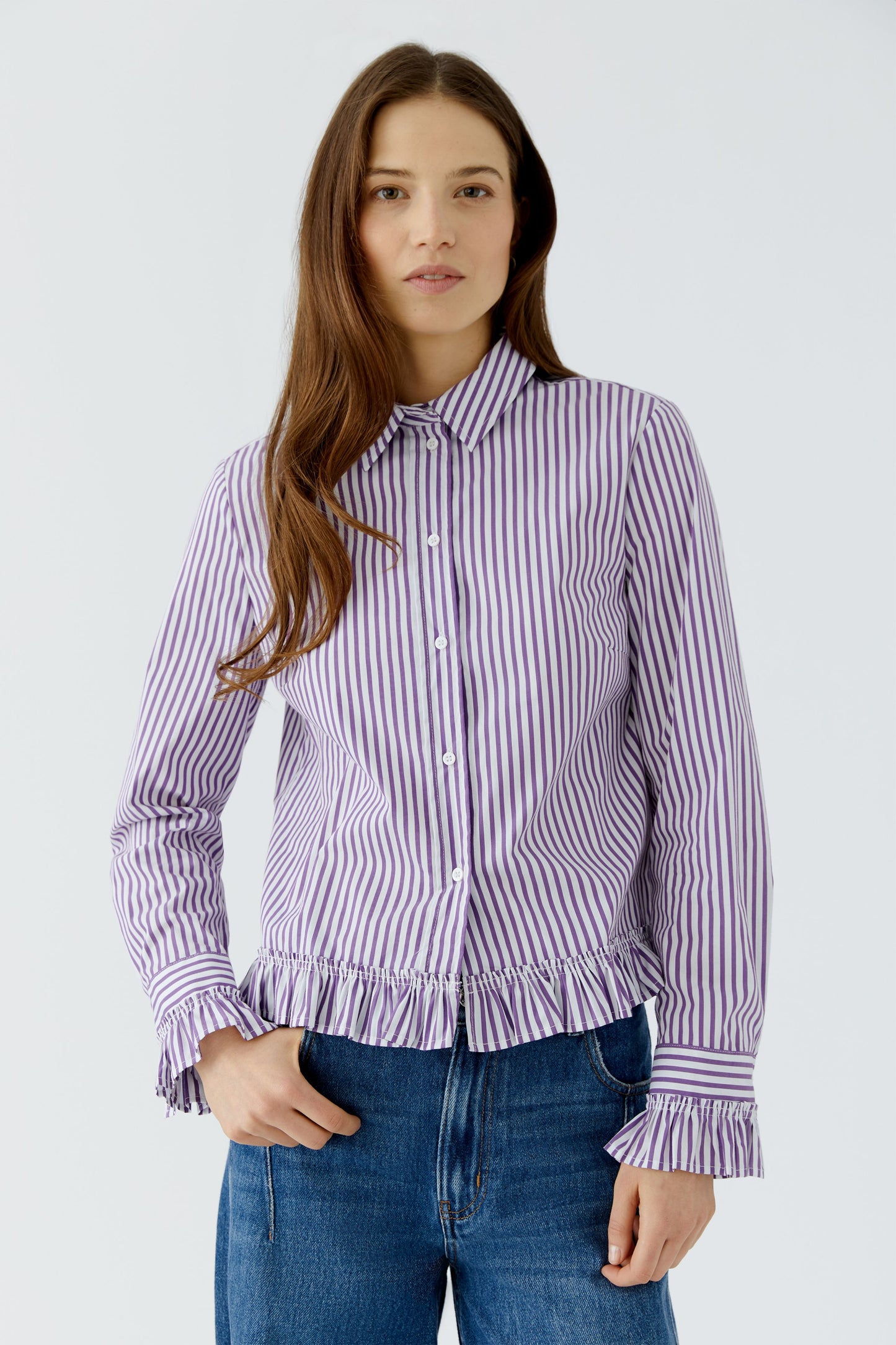 Oui White/Violet Stripe Ruffle Shirt