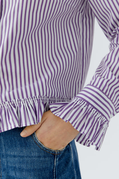 Oui White/Violet Stripe Ruffle Shirt