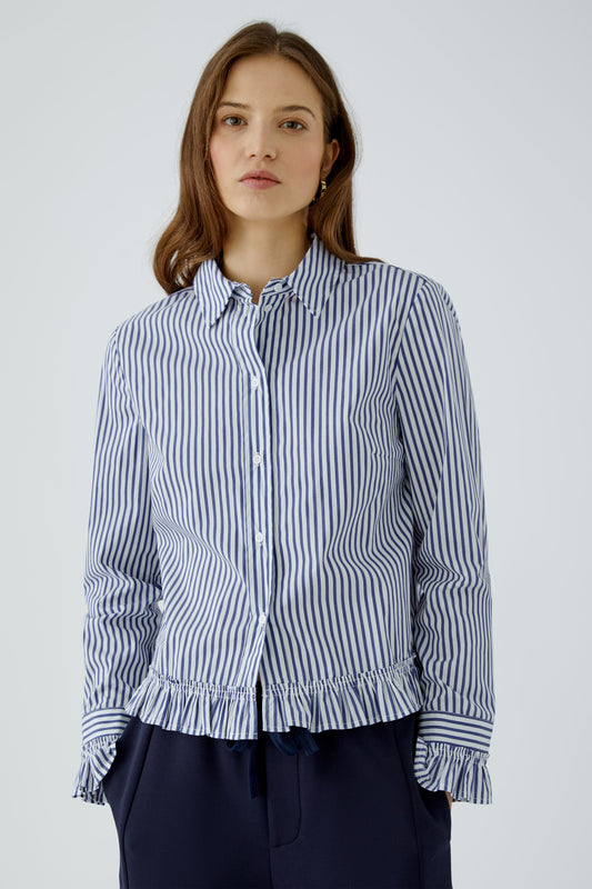 Oui White/Blue Stripe Ruffle Shirt