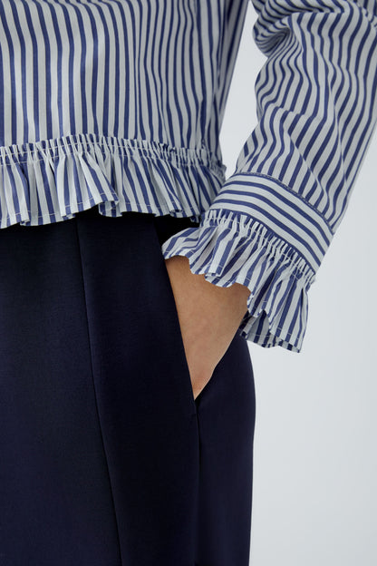 Oui White/Blue Stripe Ruffle Shirt
