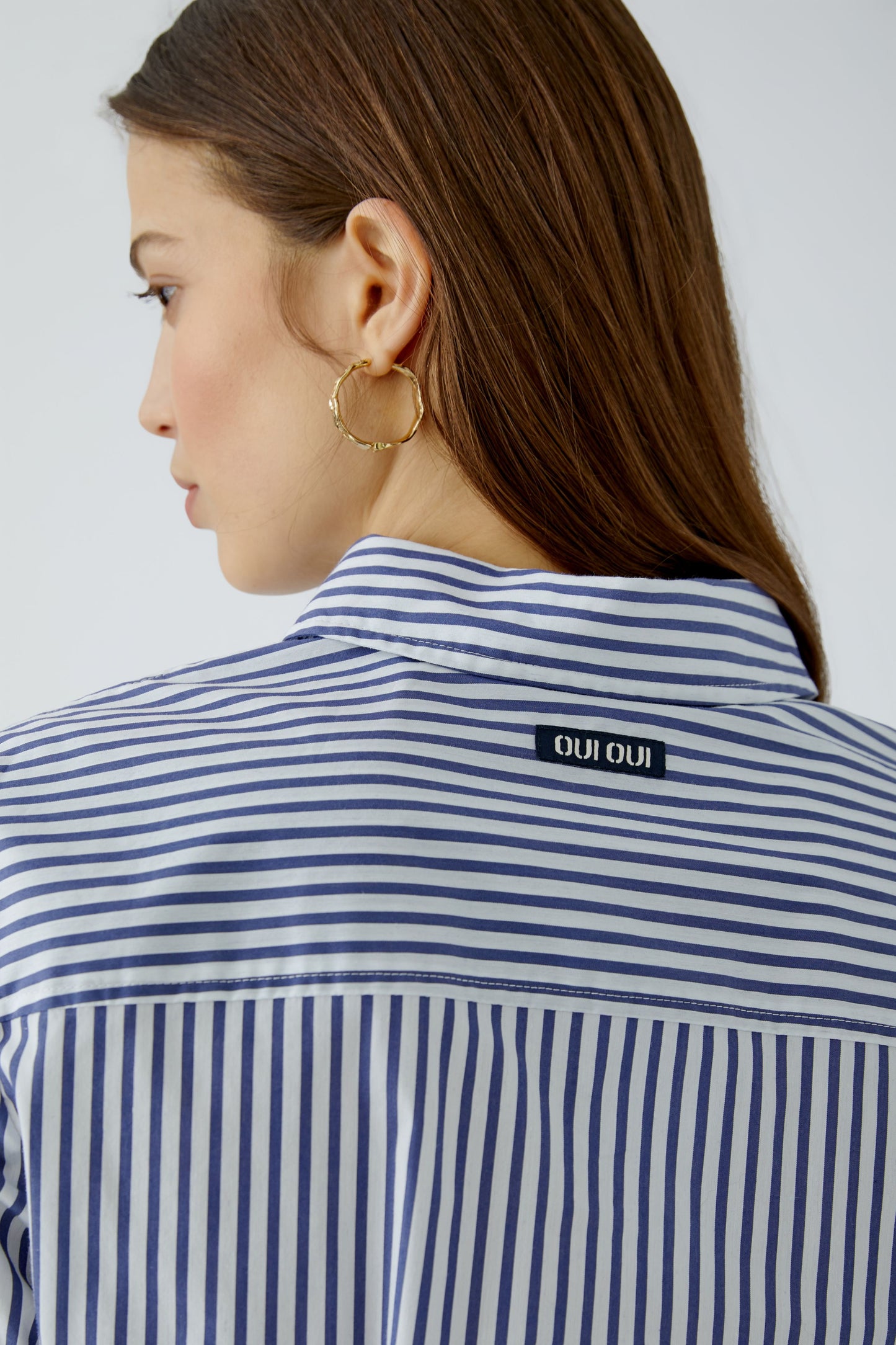 Oui White/Blue Stripe Ruffle Shirt