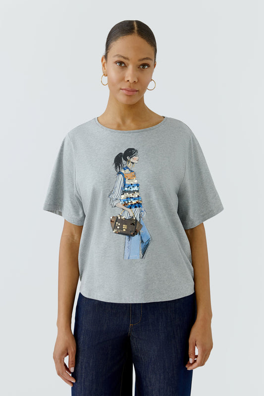 Oui River Stone Lady Print Sequin T-Shirt