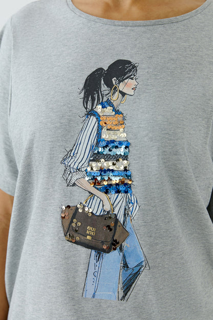 Oui River Stone Lady Print Sequin T-Shirt