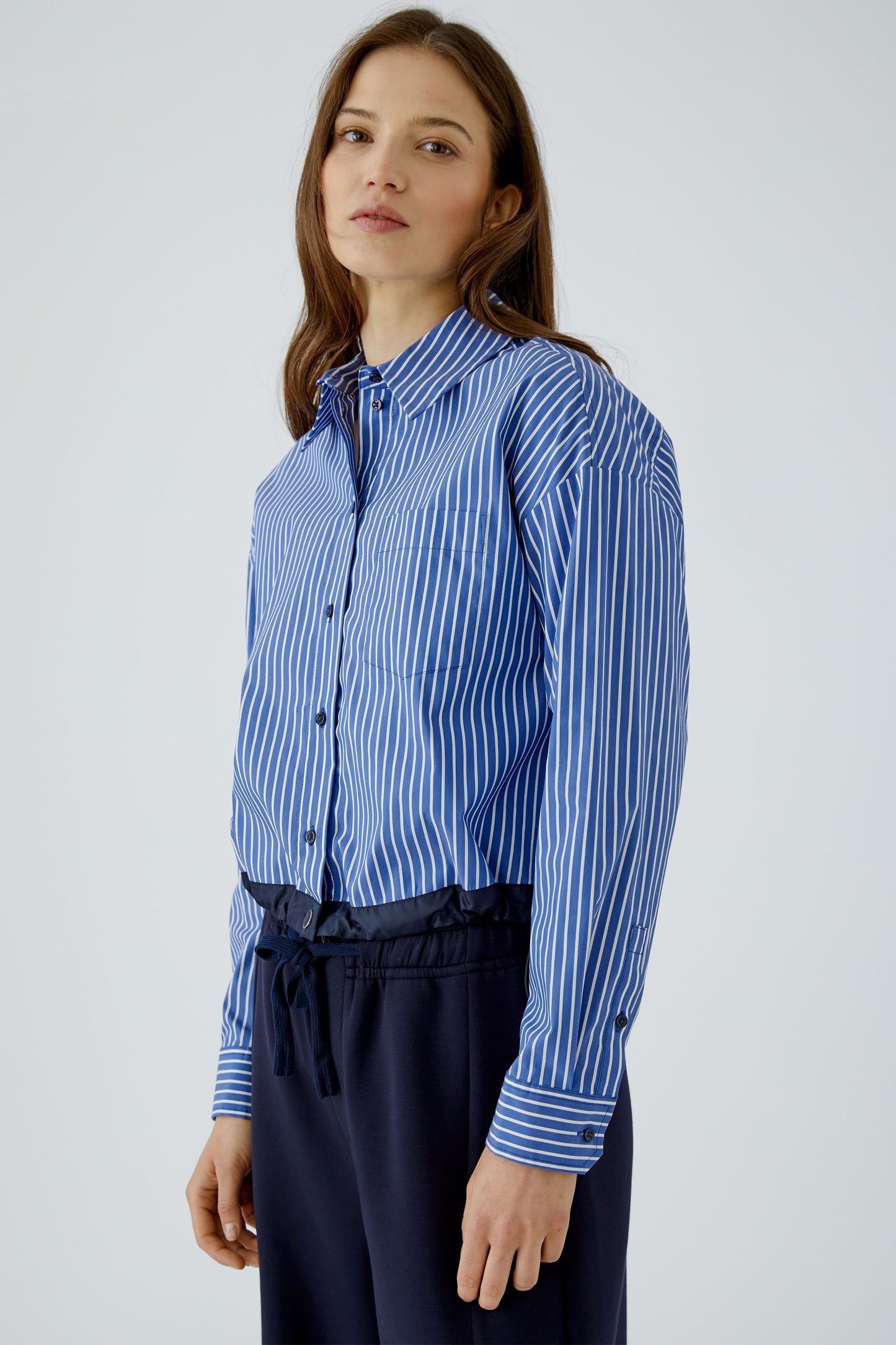 Oui Blue/White Striped Cropped Shirt