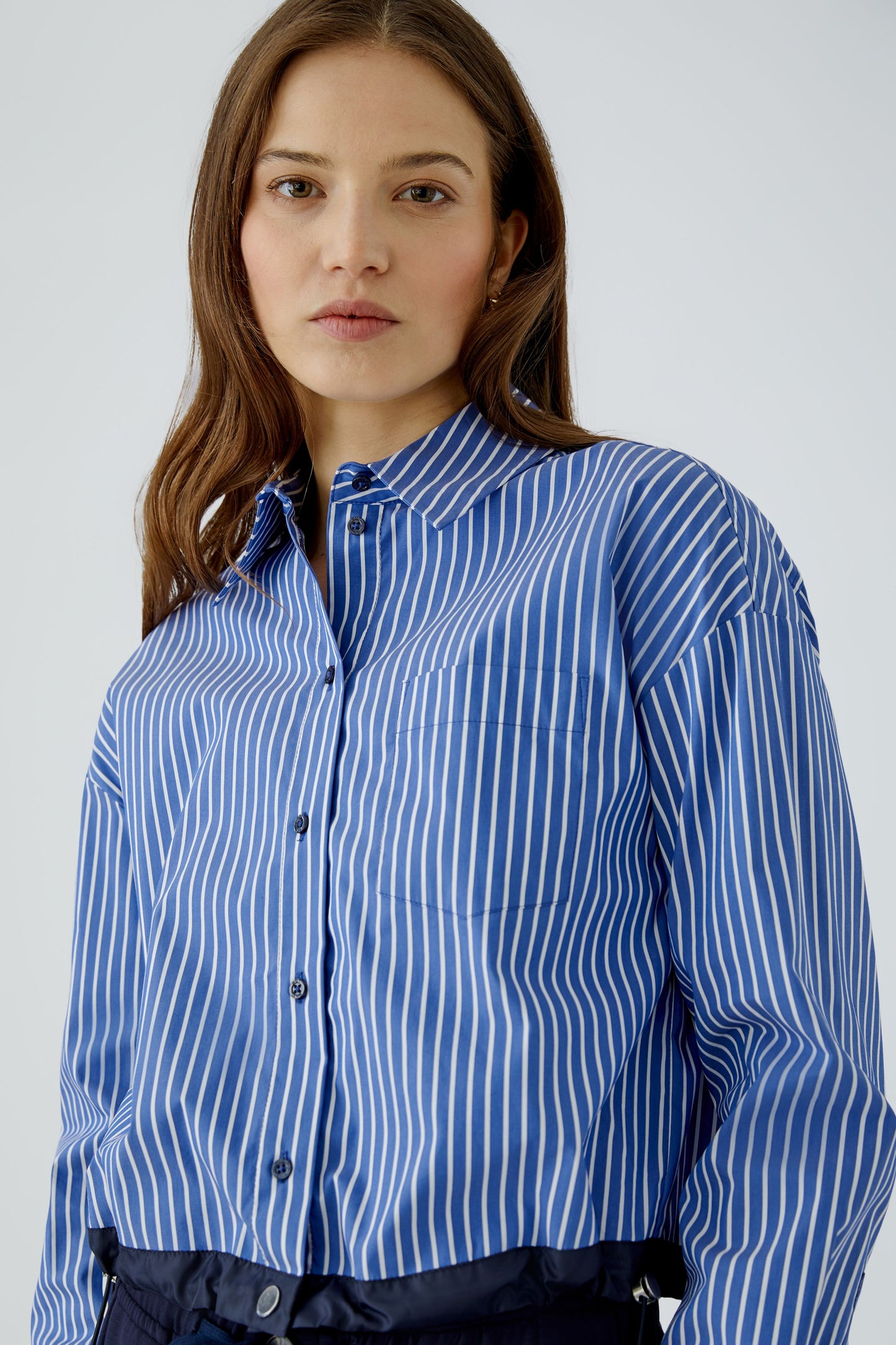 Oui Blue/White Striped Cropped Shirt