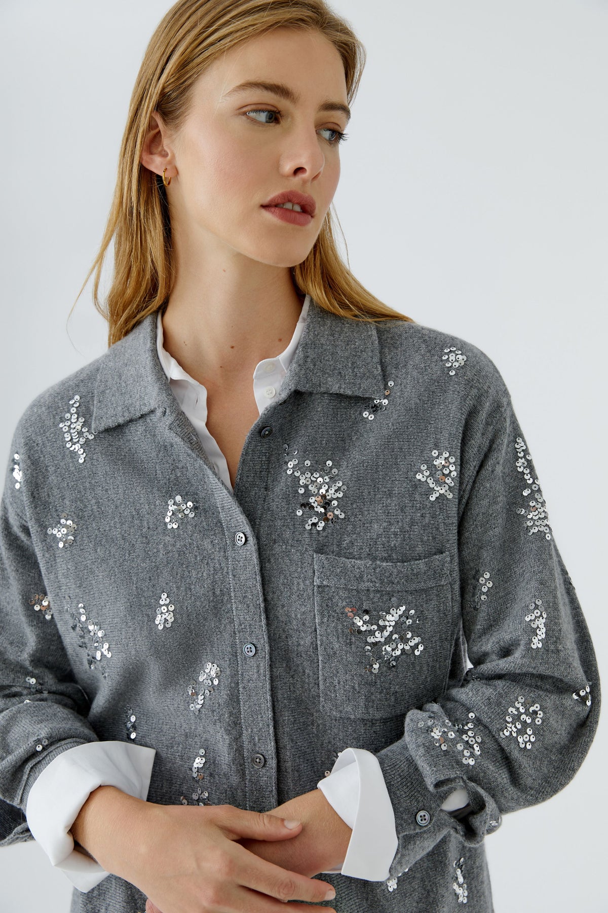 Oui Grey Embellished Knitted Shirt