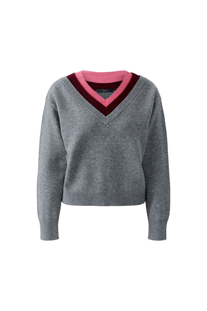 Oui Grey/Red Multi-Layer V-Neck Jumper