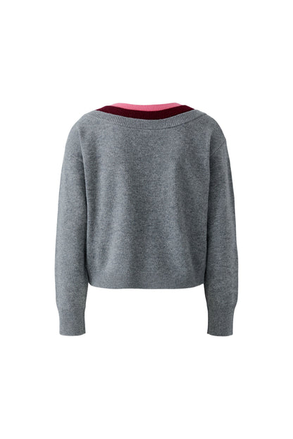 Oui Grey/Red Multi-Layer V-Neck Jumper