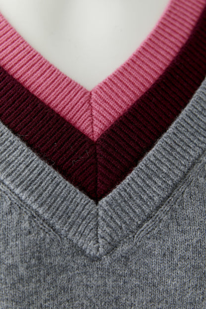 Oui Grey/Red Multi-Layer V-Neck Jumper