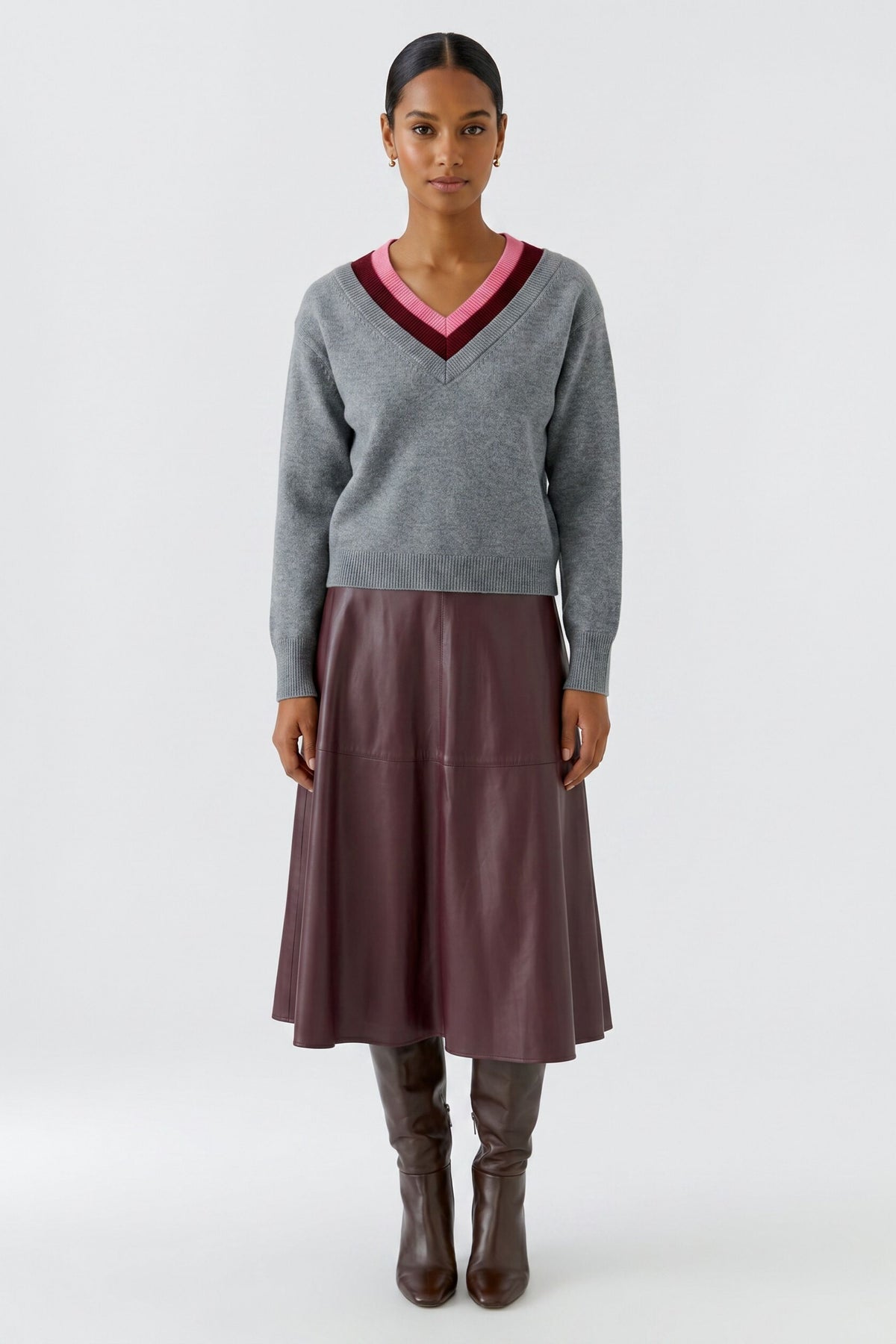 Oui Grey/Red Multi-Layer V-Neck Jumper