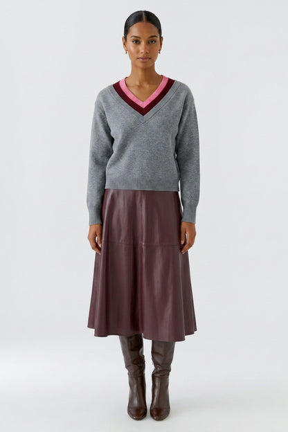 Oui Grey/Red Multi-Layer V-Neck Jumper