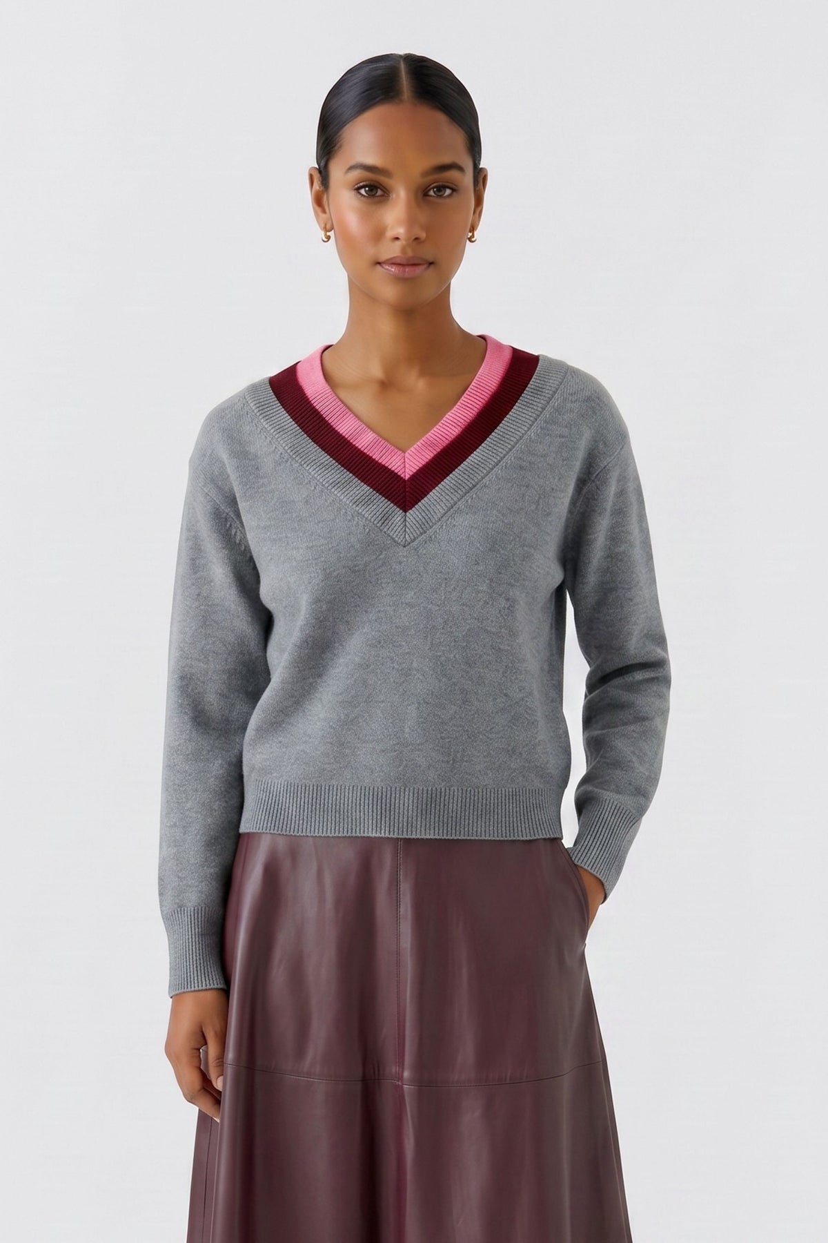 Oui Grey/Red Multi-Layer V-Neck Jumper
