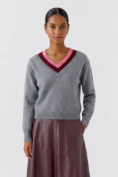 Oui Grey/Red Multi-Layer V-Neck Jumper