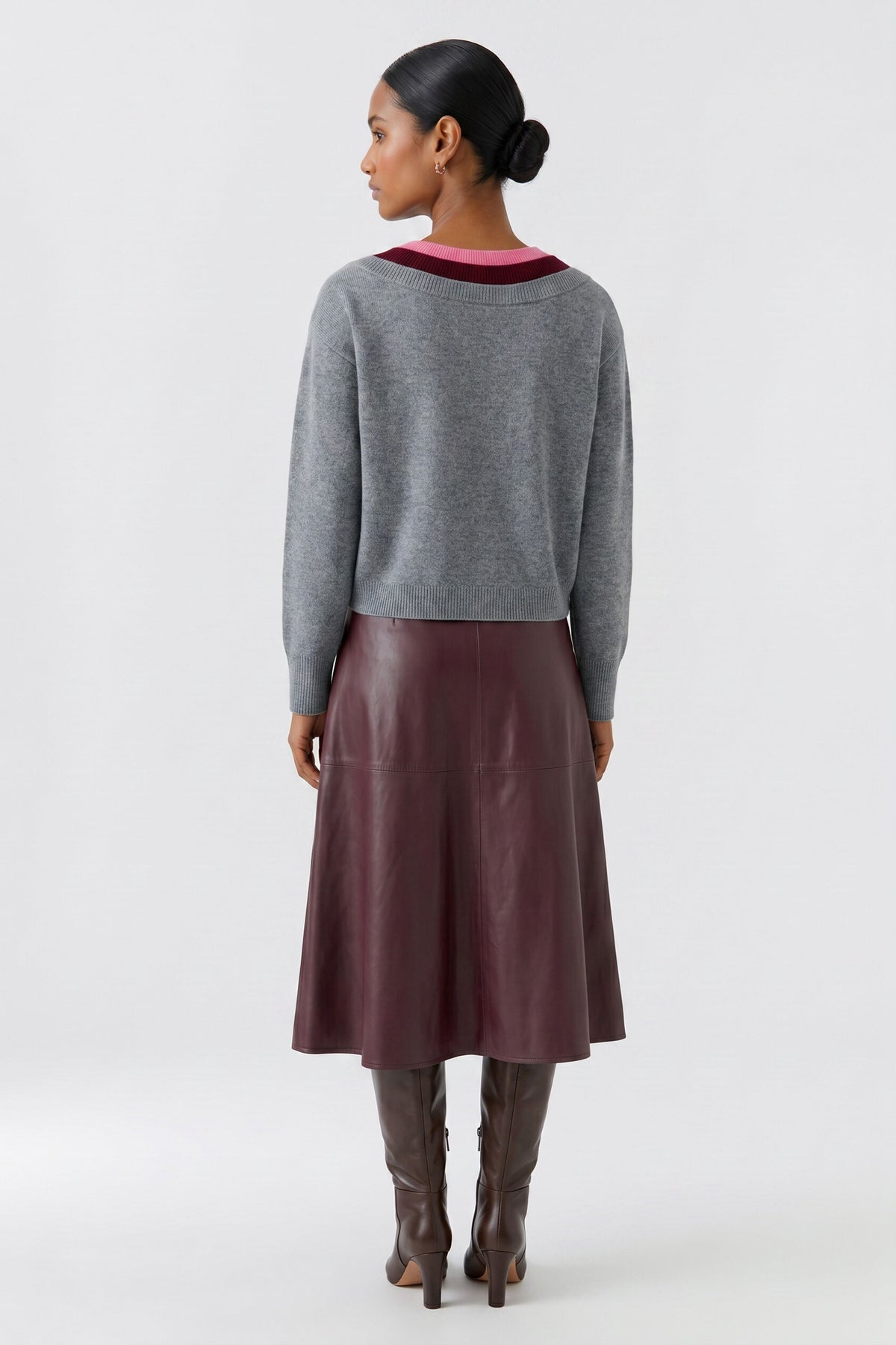Oui Grey/Red Multi-Layer V-Neck Jumper