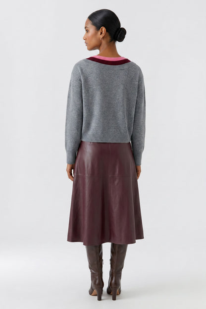 Oui Grey/Red Multi-Layer V-Neck Jumper