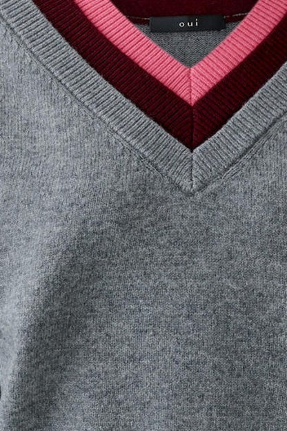 Oui Grey/Red Multi-Layer V-Neck Jumper