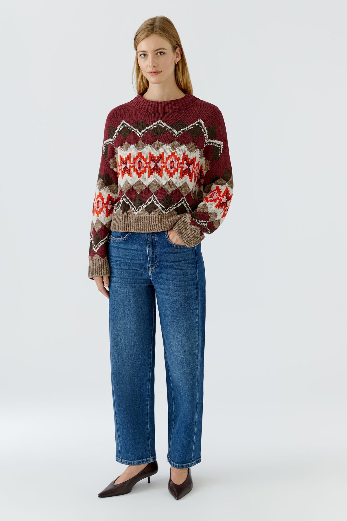 Oui Dark Red/Taupe Diamond Pattern Jumper