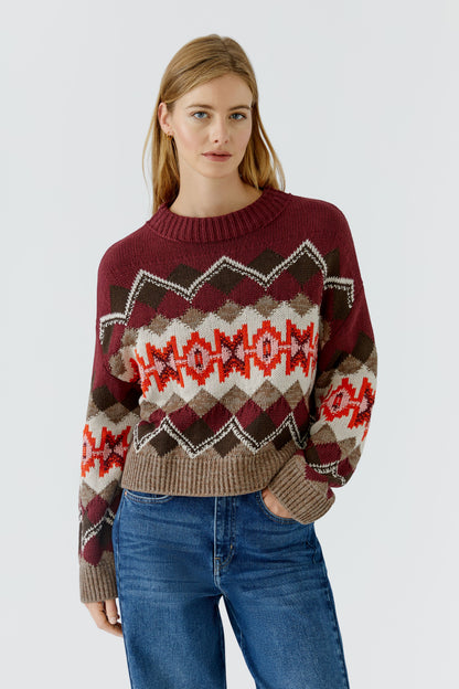 Oui Dark Red/Taupe Diamond Pattern Jumper