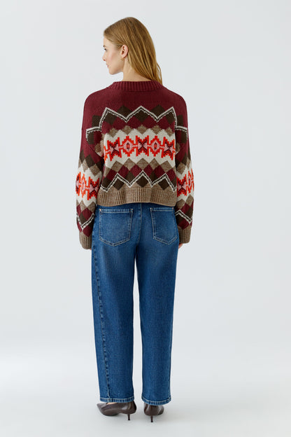 Oui Dark Red/Taupe Diamond Pattern Jumper