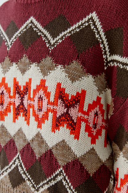 Oui Dark Red/Taupe Diamond Pattern Jumper